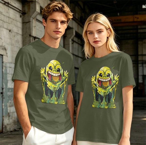 Olive T-Shirt With Playful Green Slime Monster Graphic