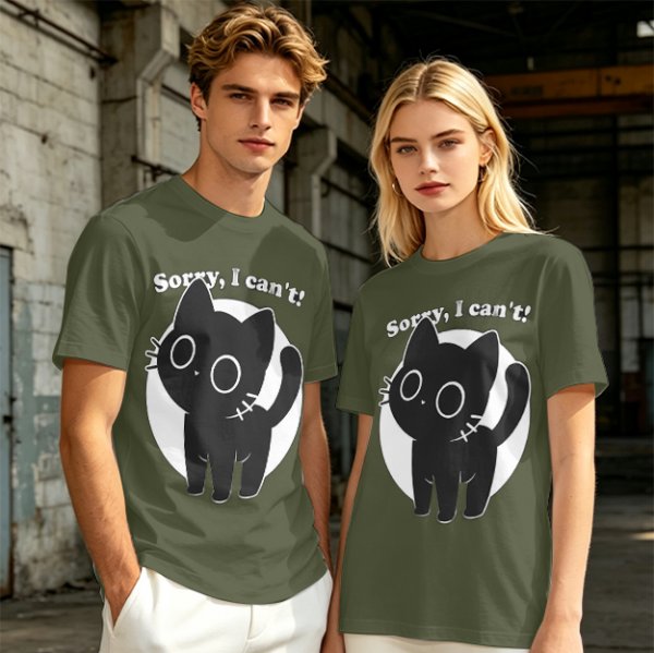 Olive T-Shirt With Sorry I Can't Black Cat Graphic Print