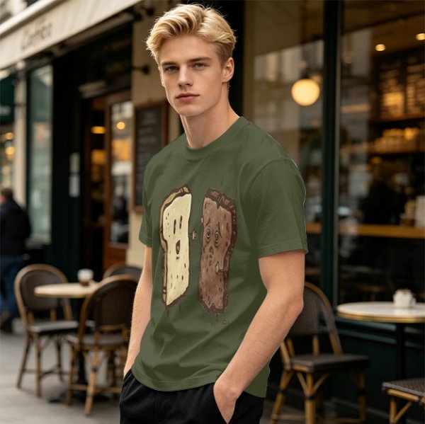 Olive T-Shirt With Surprised Light And Sad Burnt Bread Slices Graphic