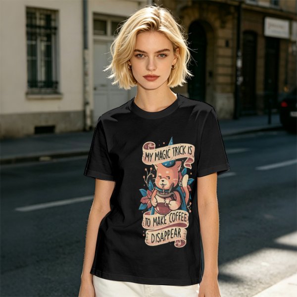 Olive t-shirt with a cat wizard making coffee disappear magic trick print