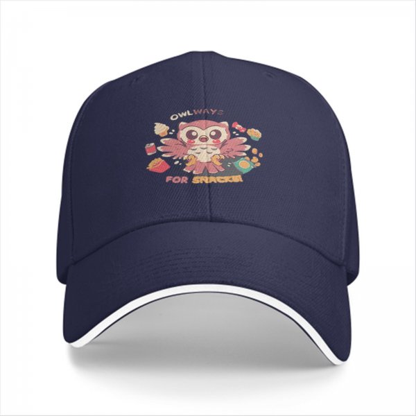 Black baseball cap with cute owl 'Owlways for snacks' print