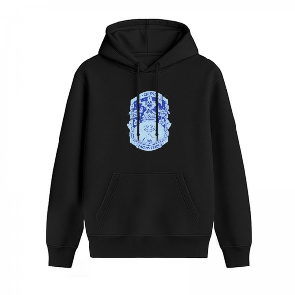Black hoodie with Questers Monsters themed blue graphic print