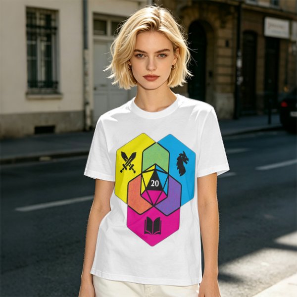 Olive T-Shirt With D20 And Fantasy RPG Themed Hexagon Art