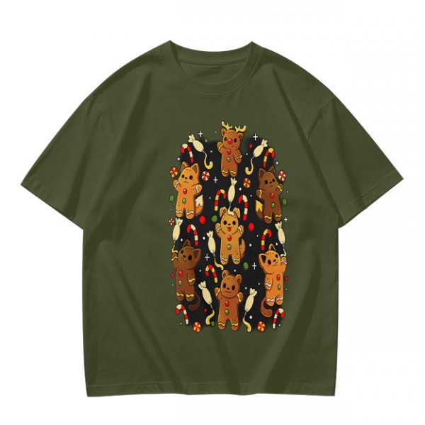 Olive T-Shirt With Cute Gingerbread Animal Christmas Print