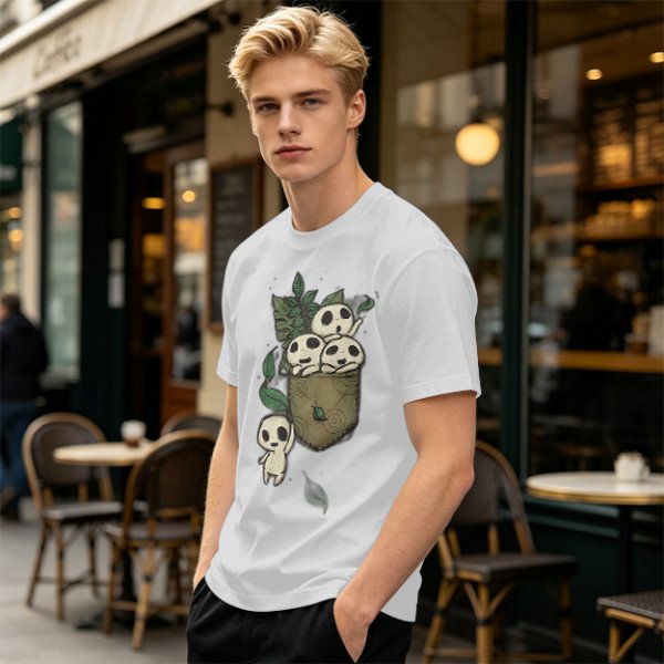 Olive T-shirt with Kodama Tree Spirits in Pocket and Leaves Print