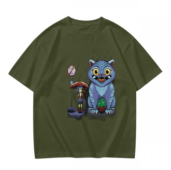 Olive T-Shirt With Whimsical Blue Cat And Mushroom Figure Print