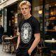 Olive t-shirt with 'Embrace the Existential Dread' screaming cat graphic