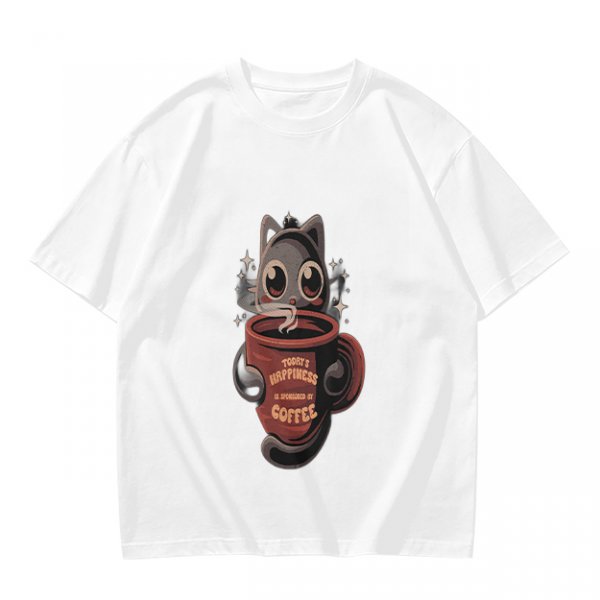 Olive t-shirt with a cartoon cat and coffee cup graphic