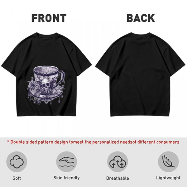 Olive T-shirt with Gothic Skull Teacup and Roses Print