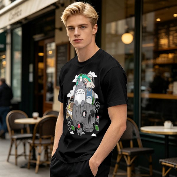 Olive T-shirt with Studio Ghibli Totoro and Spirited Away Characters Print