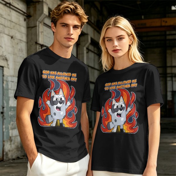 Olive t-shirt with cartoon dog and 'God has allowed me to live another day' print