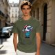 Olive T-shirt with Cartoon Character Holding Mushrooms Print