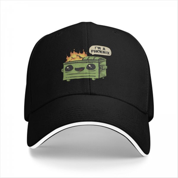 Black baseball cap with funny dumpster fire I'm a phoenix graphic