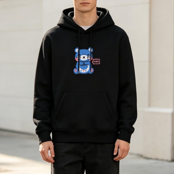 Black hoodie with grumpy blue bear graphic that says nope