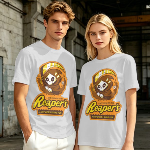 Olive green graphic t-shirt with cute reaper coffee themed print
