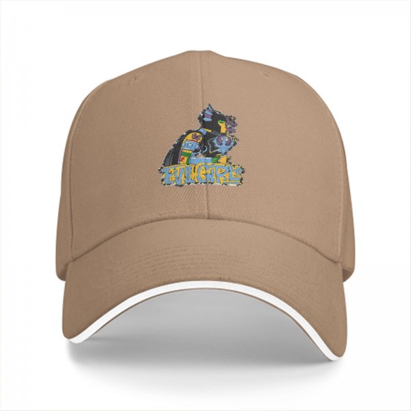 Black baseball cap with colorful cat graphic and Evil Girls text