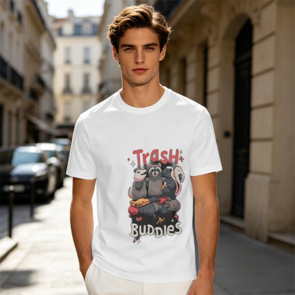 Olive green t-shirt with Trash Buddies raccoon possum and skunk graphic