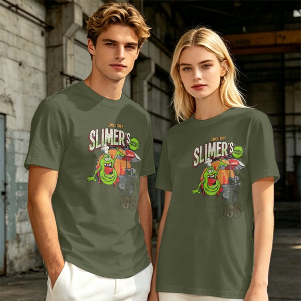 Olive green t-shirt with Slimer's Ghostbusters themed graphic print