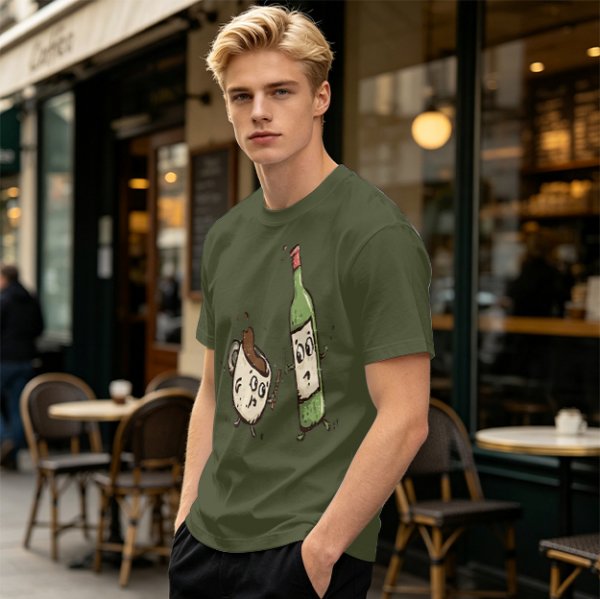 Olive T-Shirt With Cartoon Coffee Mug And Wine Bottle Print