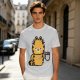 Olive T-Shirt With Grumpy Orange Cat Holding Hot Coffee Print