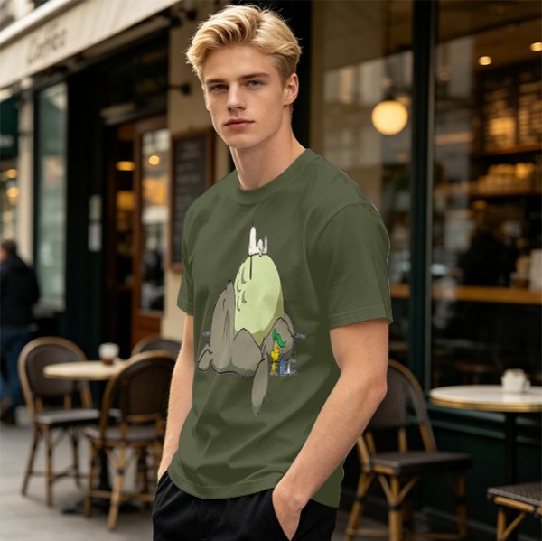 Olive T-shirt with whimsical forest spirit and small animal graphic print