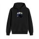 Black hoodie with playful black cat and 'SORRY!' graphic print