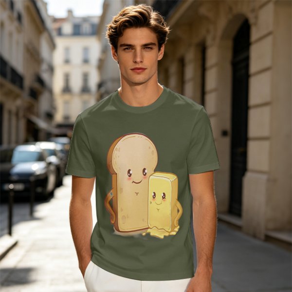 Olive T-Shirt With Cute Cartoon Bread And Butter Graphic