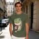 Olive T-shirt with Cute Dinosaur Holding Coffee Print