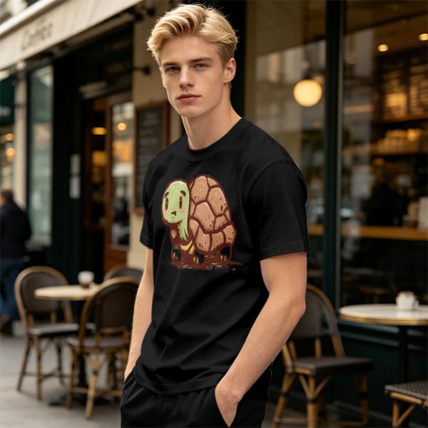 Olive Green T-Shirt With Cute Cartoon Turtle Graphic