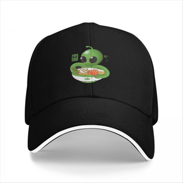 Black Baseball Cap with Cute Alien Eating Ramen Graphic