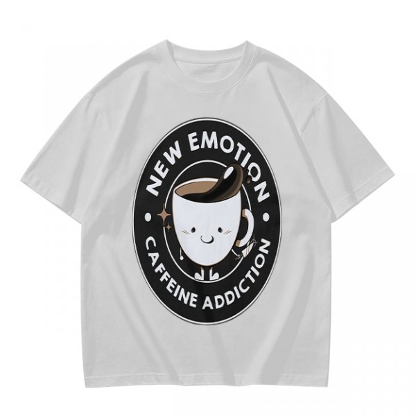 Olive t-shirt with 'New Emotion Caffeine Addiction' coffee cup graphic