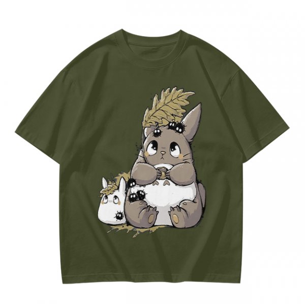 Olive T-Shirt With Cute Totoro And Soot Sprite Anime Print