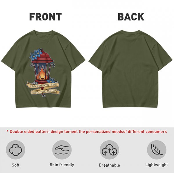 Olive t-shirt with lantern flame graphic and 'I'll follow you into the dark' text
