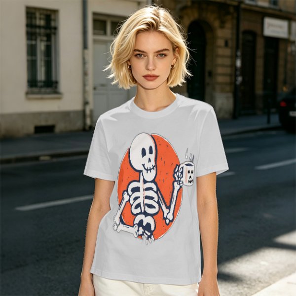 Olive Skeleton Holding Coffee Mug Graphic T-Shirt
