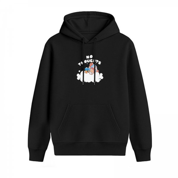 Black hoodie with 'No Thoughts' sleeping character cloud graphic