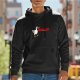 Black hoodie with a goose graphic and red text design
