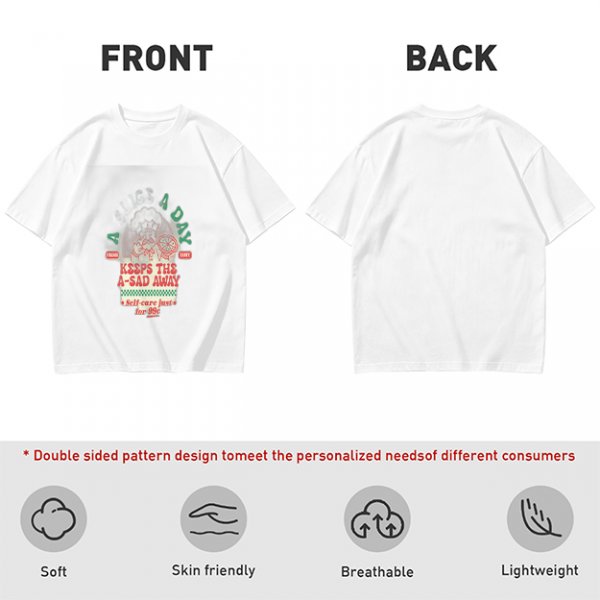 Olive graphic t-shirt with funny cat and 'keeps the a-sad away' text