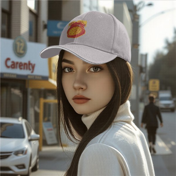 Black baseball cap with pizza atom graphic and text