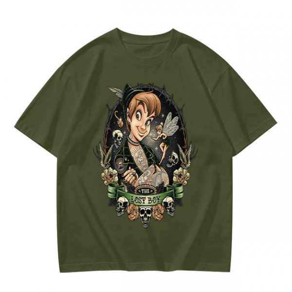 Olive T-Shirt with Dark Peter Pan and Tinker Bell 'Lost Boy' Graphic