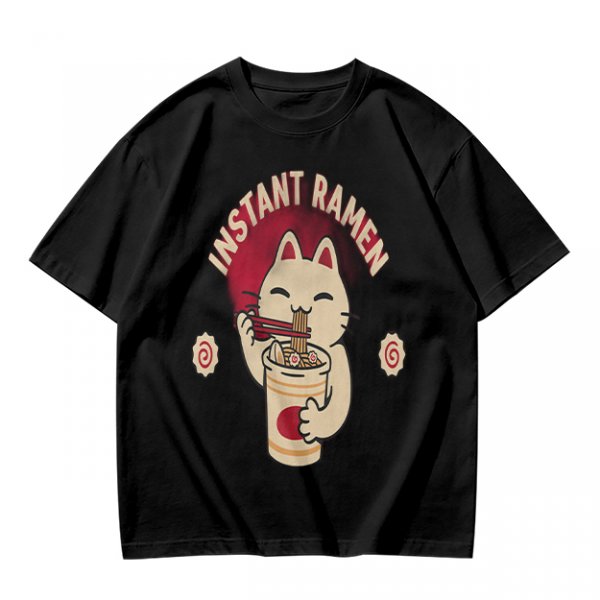 Olive green t-shirt with a cartoon cat eating instant ramen