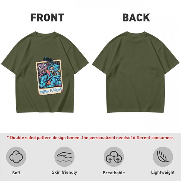 Olive t-shirt with monster polaroid print that says Normal Is Boring