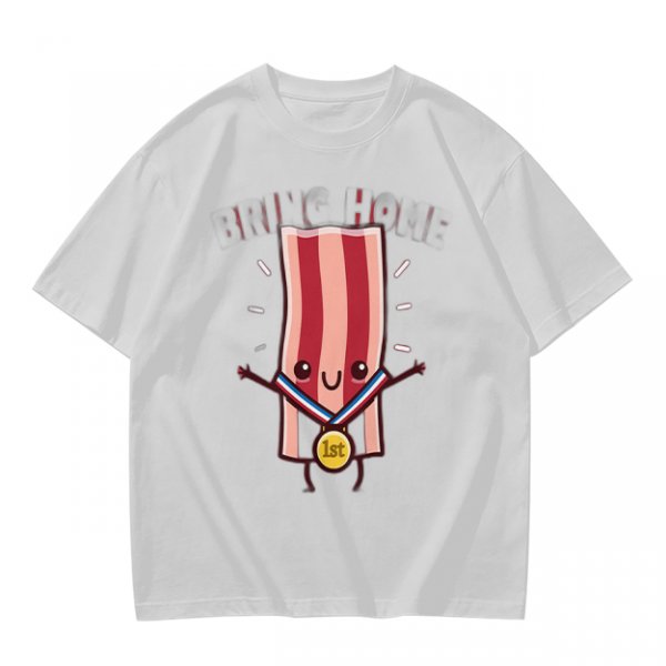 Olive T-Shirt With Cartoon Bacon Champion Medal Print