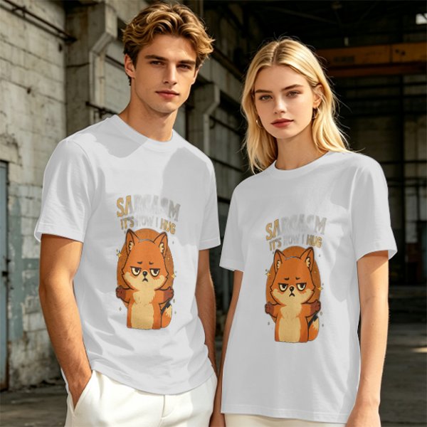 Olive green t-shirt with grumpy fox offering a hug graphic