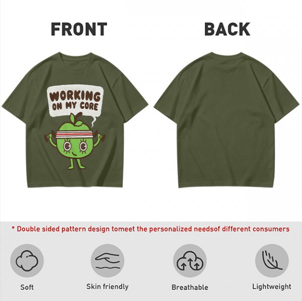 Olive green t-shirt with cartoon apple lifting dumbbells and 'Working on my core' text