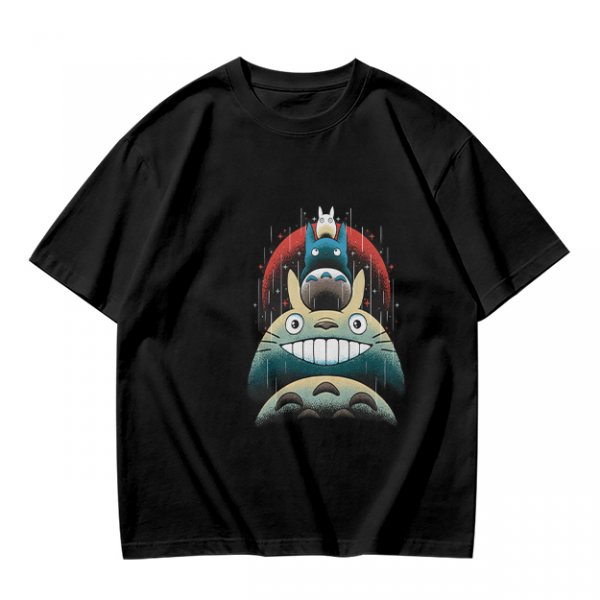 Olive green t-shirt with stacked Totoro characters graphic
