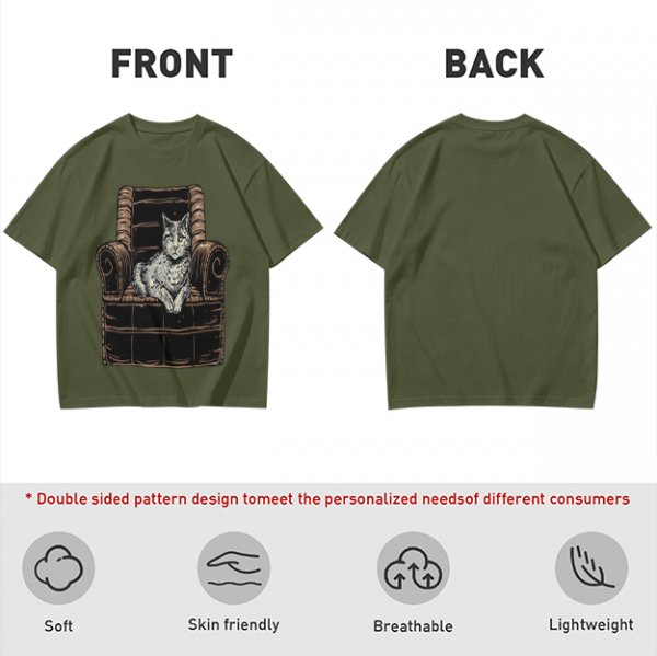Olive Green T-Shirt With Cat In Armchair Graphic Print