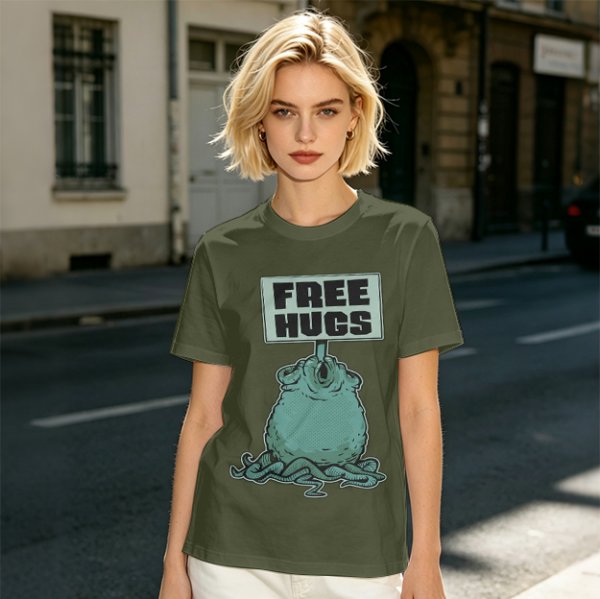 Olive T-Shirt With Free Hugs Monster Graphic Print