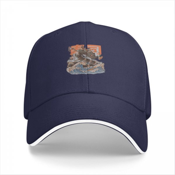 Black baseball cap with ocean wave and rocky graphic print