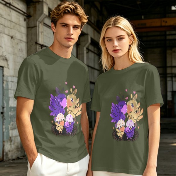 Olive T-Shirt With Cute Fantasy Bird Family Print