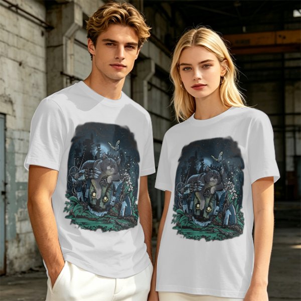 Olive Green T-Shirt With Night Graveyard Cat Illustration
